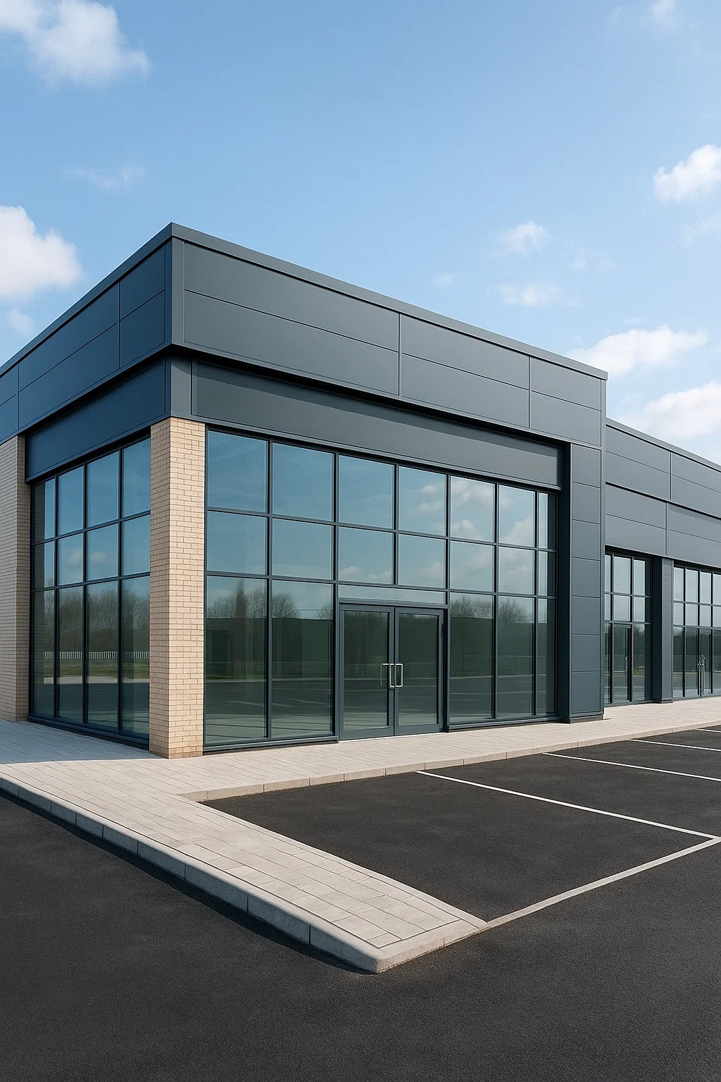 Et moderne erhvervslejemål i Danmark med store glasfacader, lyse murstensdetaljer og tilhørende parkeringspladser under en blå himmel.