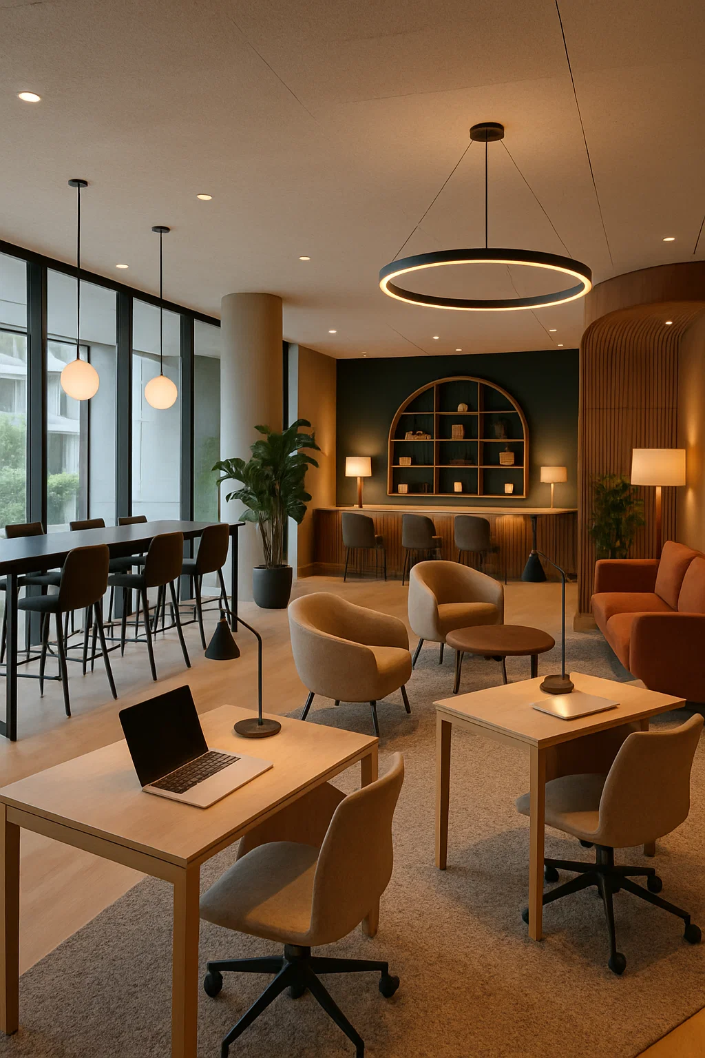 Elegant loungeområde i et kontorhotel med skriveborde, møbler i skandinavisk design og hyggelig belysning.