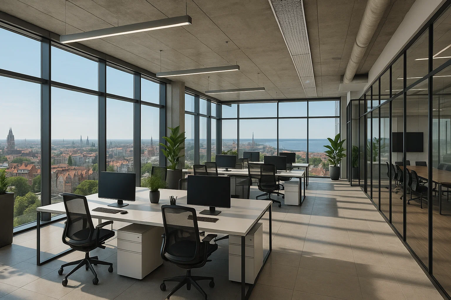 Et moderne åbent kontormiljø med hvide skriveborde, sorte kontorstole og store gulv-til-loft-vinduer, der giver en imponerende udsigt over en historisk by og havet i baggrunden. Kontoret har glasvægge, grønne planter og en mødesal til højre.