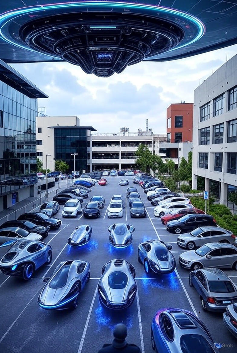 En elegant, futuristisk byparkeringsplads, hvor skinnende sølv- og blå flyvende biler svæver et par centimeter over jorden, og deres anti-tyngdekraftsdæmpere udsender en blød blå glød. I forgrunden ses en stor skiveformet flyvende maskine med neonlys.