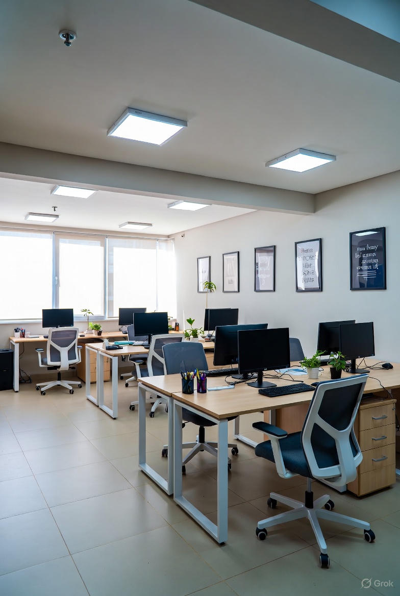 Lyst og moderne kontorlokale med rækker af lyse træskriveborde, hvide og blå ergonomiske kontorstole, store vinduer med naturligt lys, grønne planter og motiverende plakater på væggen.